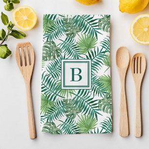 Tropical Palm Leaves Botanical Pattern Monogram Tea Towel