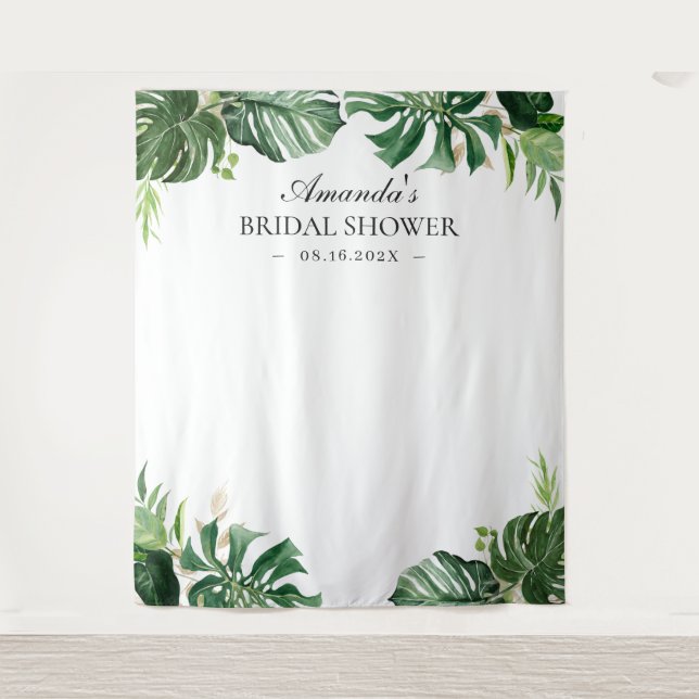 Tropical Palm Leaves Bridal Shower Backdrop Tapestry (Front)
