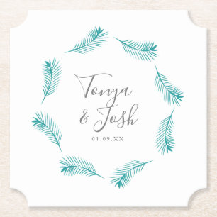 Tropical Palm Leaves Circular Logo Wedding Paper Coaster