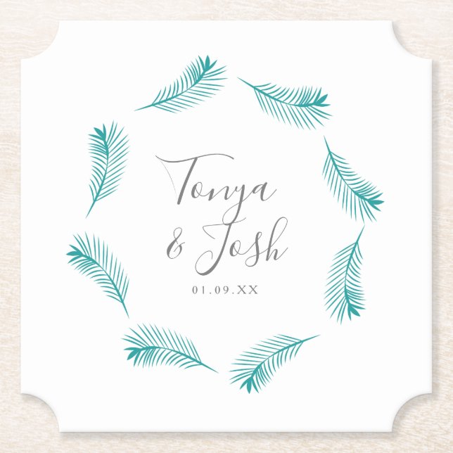 Tropical Palm Leaves Circular Logo Wedding Paper Coaster (Front)