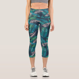 Tropical Palm Leaves, Colourful Botanical Ferns Capri Leggings