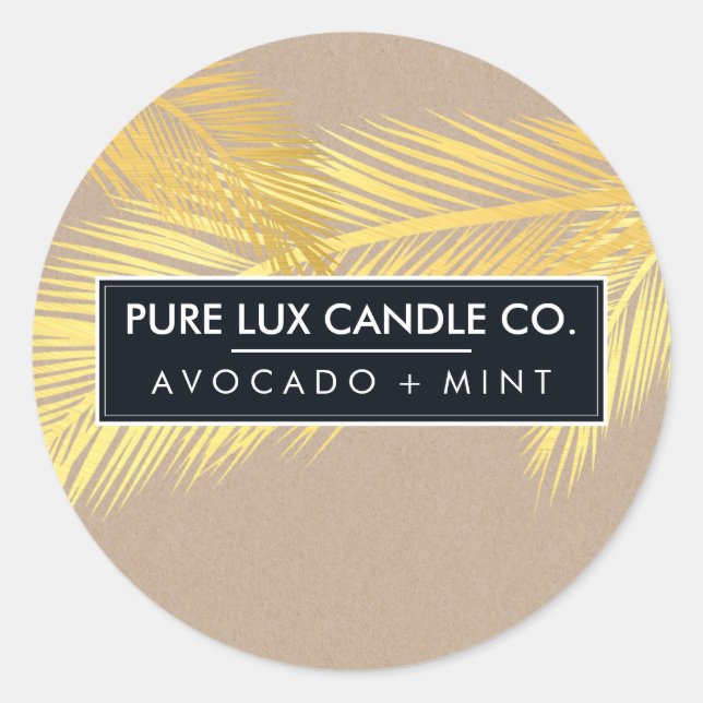 TROPICAL PALM LEAVES cool gold foil bold kraft Classic Round Sticker (Front)