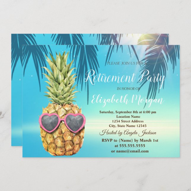 Tropical Palm Leaves Cool Pineapple Retirement  Invitation (Front/Back)