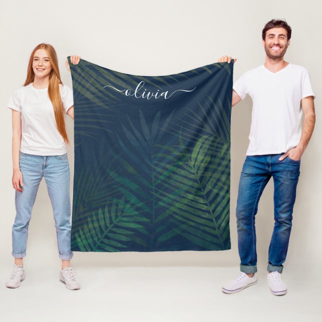 Tropical Palm Leaves – Dark Green Jungle Botanical Fleece Blanket (In Situ)