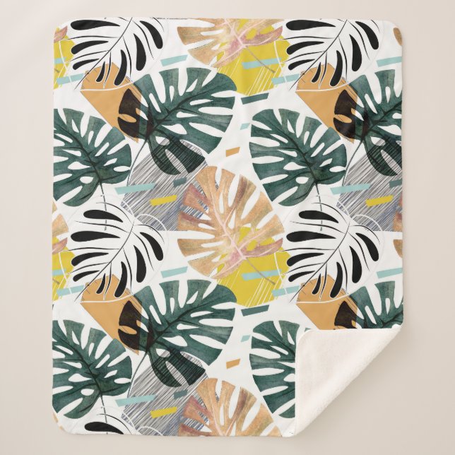 Tropical palm leaves: decorative elements. sherpa blanket (Front)