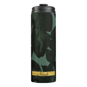 Tropical Palm Leaves Elegant Green Black Custom Thermal Tumbler