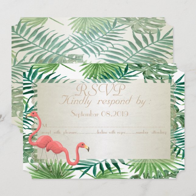 Tropical Palm Leaves,Flamingos  Wedding  RSVP Card (Front/Back)