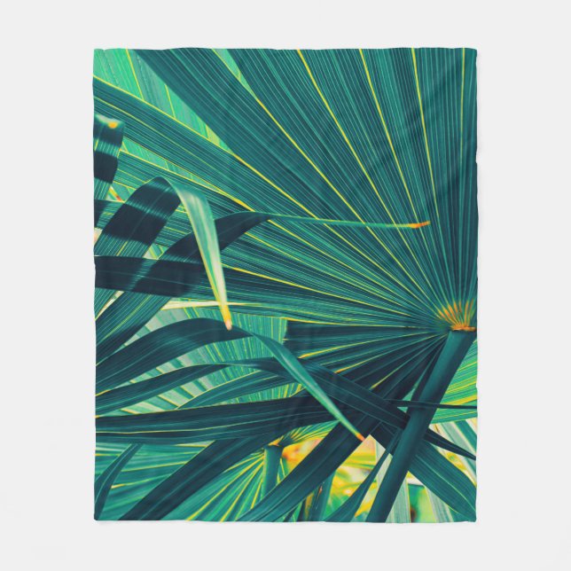 Tropical palm leaves fleece blanket (Front)