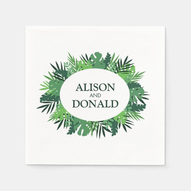 Tropical palm leaves floral wedding names oval napkin (Front)