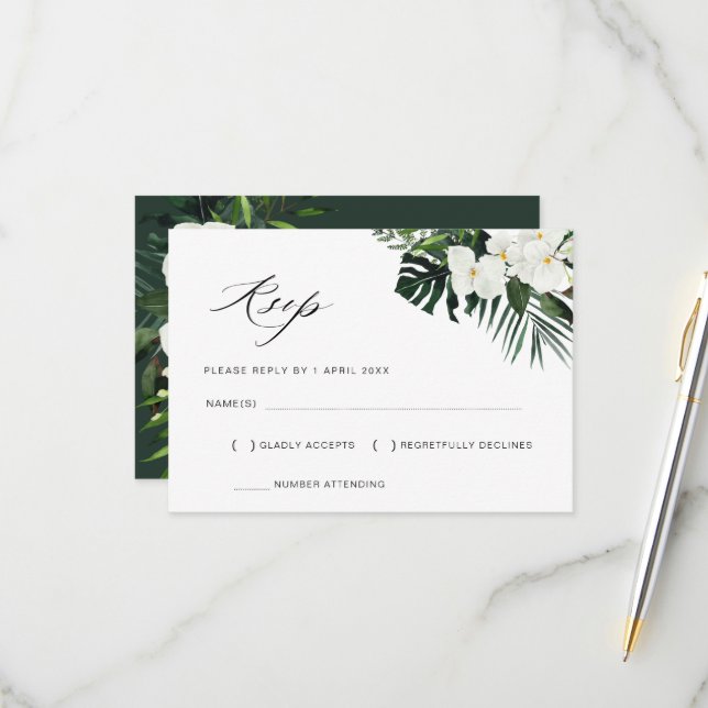 tropical palm leaves floral wedding RSVP card (Front/Back In Situ)