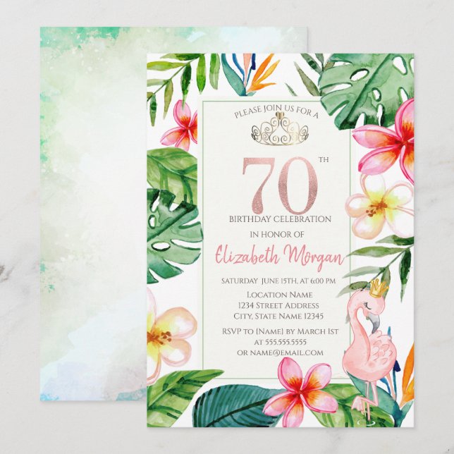 Tropical Palm Leaves Flowers Pink Flamingo 70th Invitation (Front/Back)