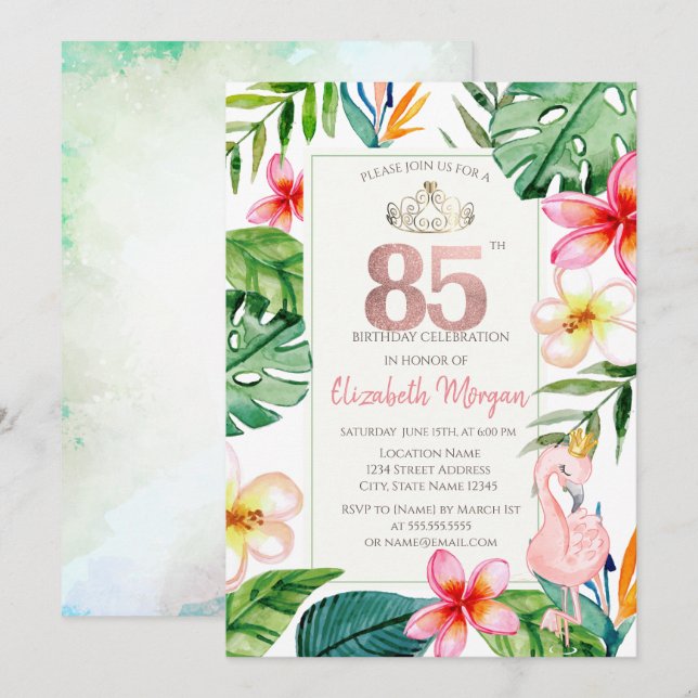 Tropical Palm Leaves Flowers Pink Flamingo 85th Invitation (Front/Back)