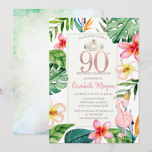 Tropical Palm Leaves Flowers Pink Flamingo 90th Invitation (Front/Back)