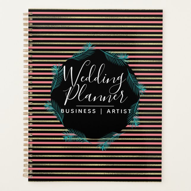 Tropical Palm Leaves Foil Stripes Wedding Planner (Front)