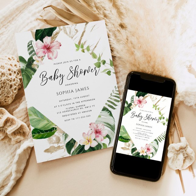 Tropical palm leaves frame baby shower invitation (Creator Uploaded)