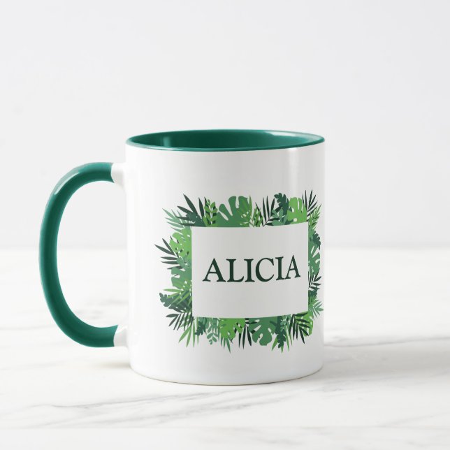 Tropical palm leaves frame custom name mug (Left)