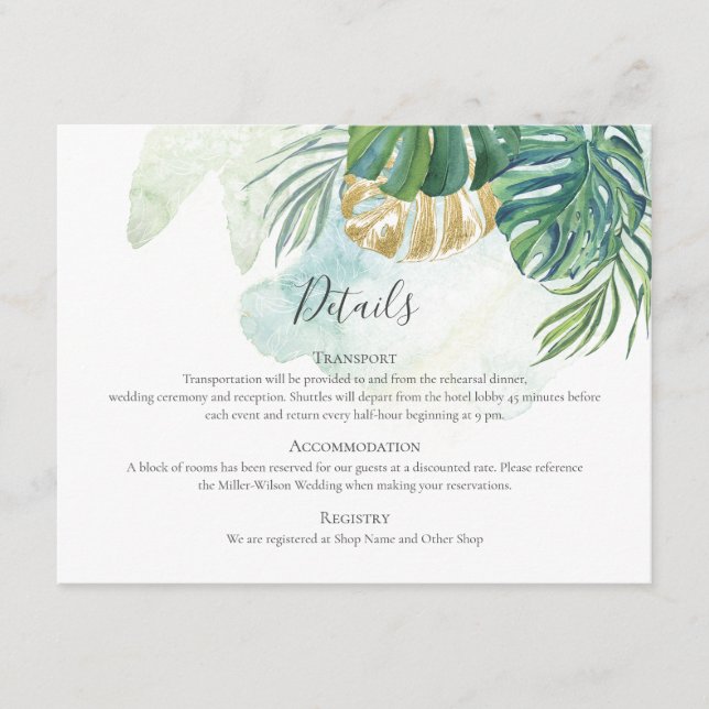 Tropical Palm Leaves Gold Greenery Wedding Enclosure Card (Front)