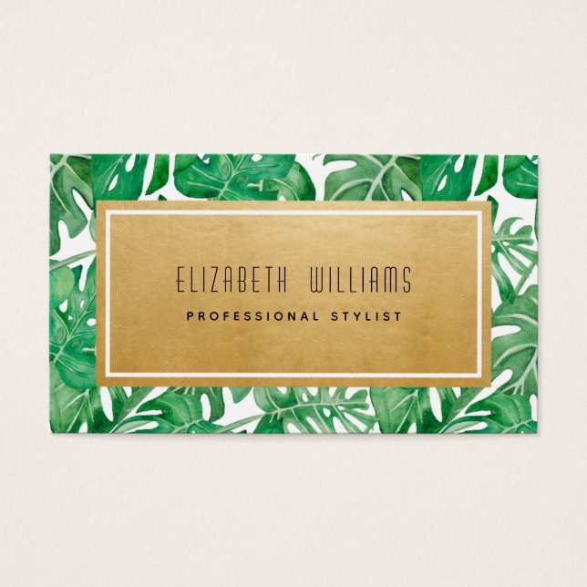 Tropical Palm Leaves Gold Stylist Business Cards (Front)
