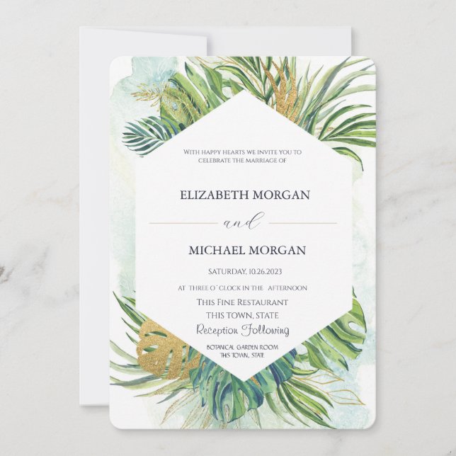Tropical Palm Leaves Gold Summer Wedding Invitation (Front)