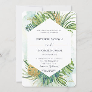 Tropical Palm Leaves Gold Summer Wedding Invitation