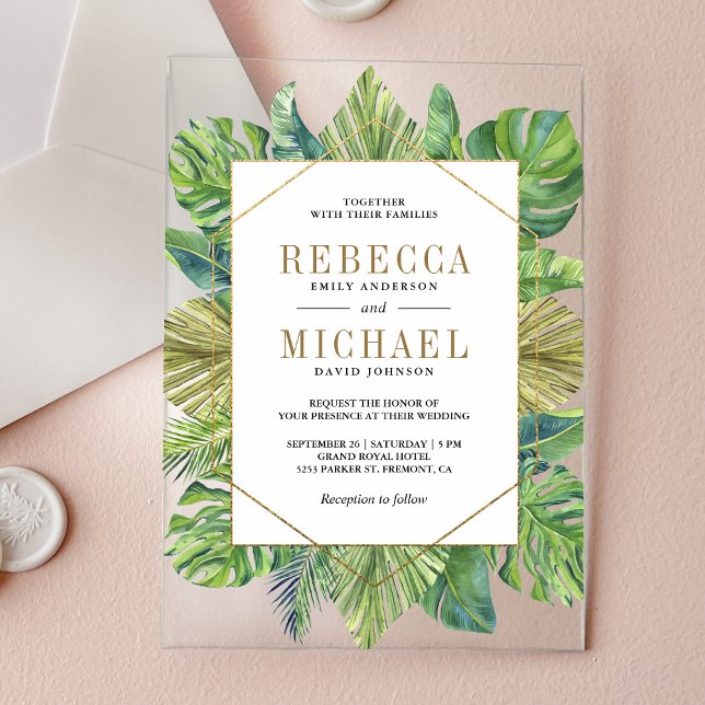 Tropical Palm Leaves Gold Wedding Acrylic Invitations (Creator Uploaded)