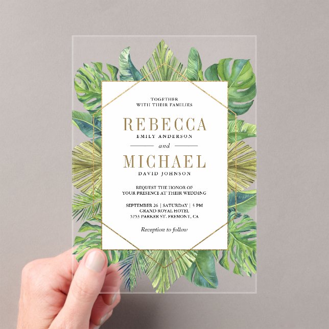 Tropical Palm Leaves Gold Wedding Acrylic Invitations (Insitu (Handheld))