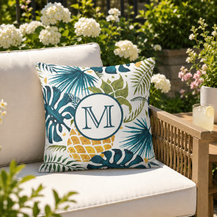 Tropical palm leaves golden pineapple monogram cushion