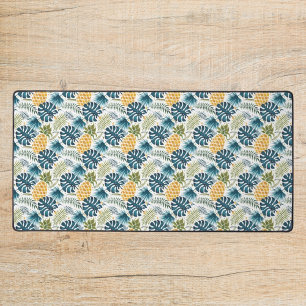 Tropical palm leaves golden pineapple white blue desk mat