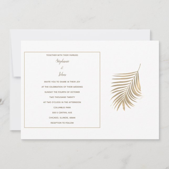Tropical Palm Leaves Golden Sepia Pattern Wedding Invitation (Front)