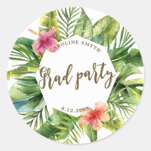 tropical palm leaves graduation party sticker