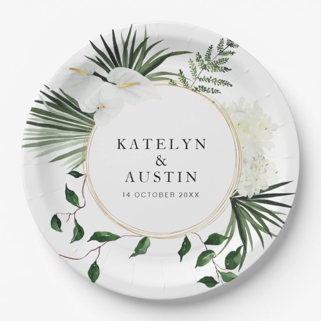 tropical palm leaves greenery floral wedding  paper plate (Front)