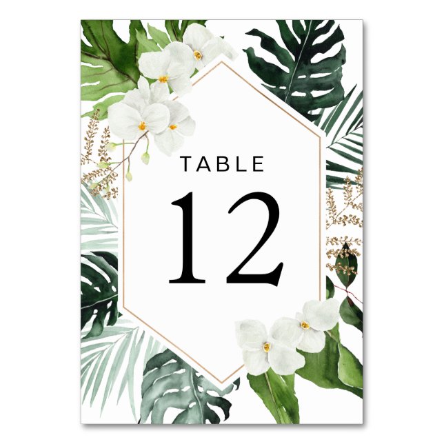 tropical palm leaves greenery floral wedding table number (Front)
