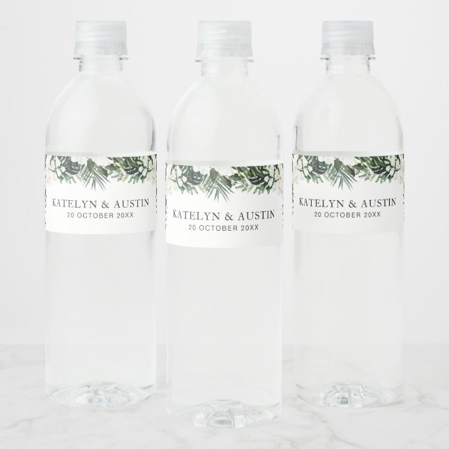 tropical palm leaves greenery floral wedding  water bottle label (Bottles)