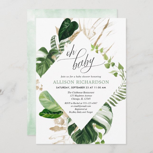 Tropical palm leaves greenery gold baby shower invitation (Front/Back)