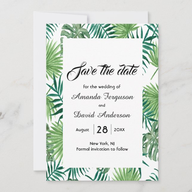 Tropical palm leaves greenery save the date card (Front)