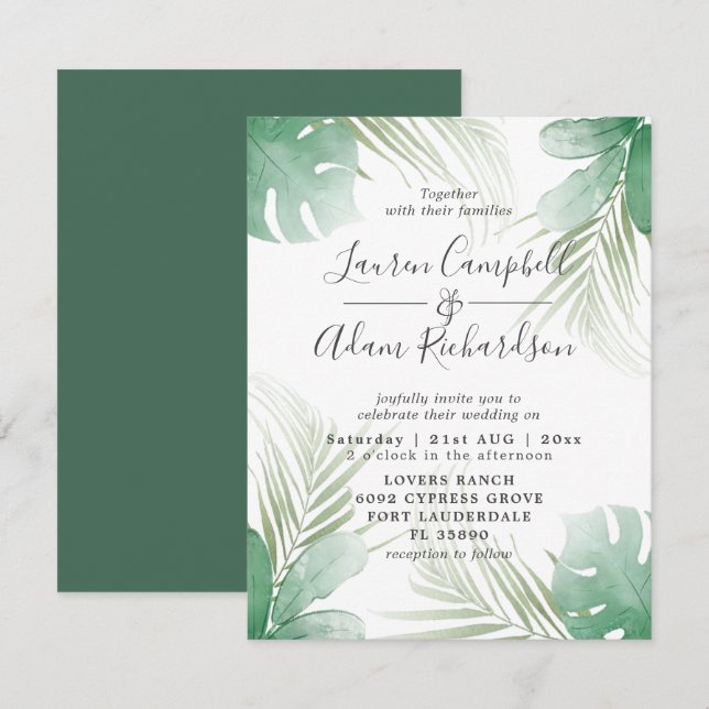 Tropical Palm Leaves Greenery Watercolor Wedding Invitation (Front/Back)