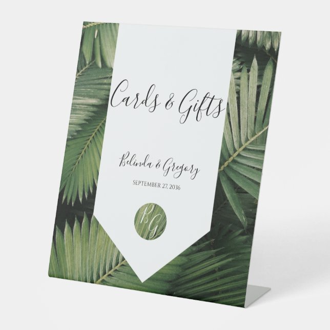 Tropical Palm Leaves Greenery Wedding Cards Gifts Pedestal Sign (Front)