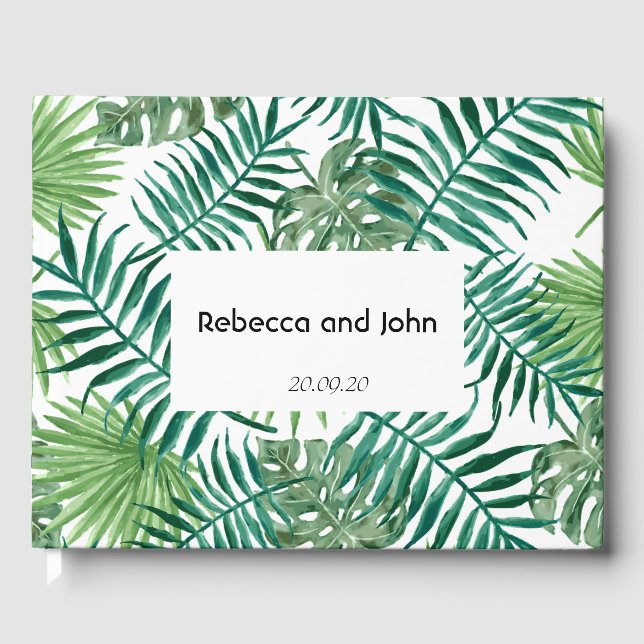 Tropical Palm Leaves Greenery Wedding Guest Book (Front)