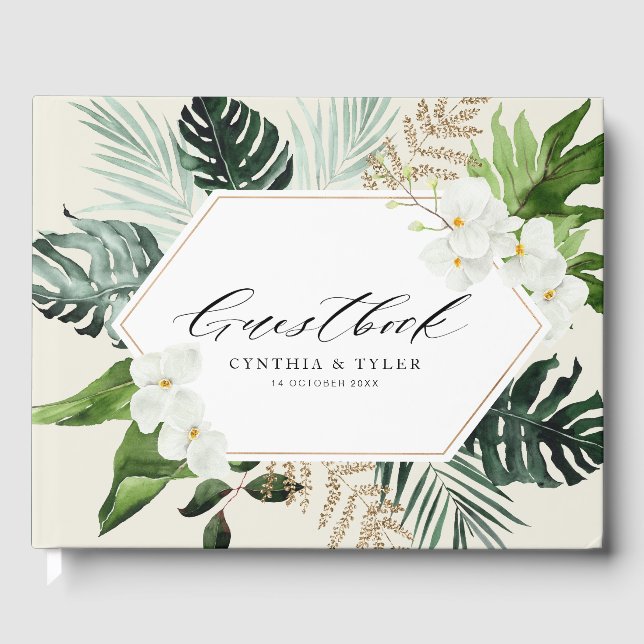 tropical palm leaves greenery wedding guestbook (Front)