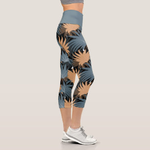 Tropical Palm Leaves Grey Foliage Yoga Exercise Capri Leggings
