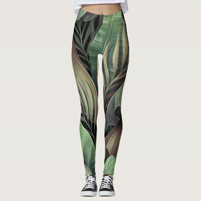 Tropical palm leaves, hand-drawn 3D illustration. Leggings (Front)