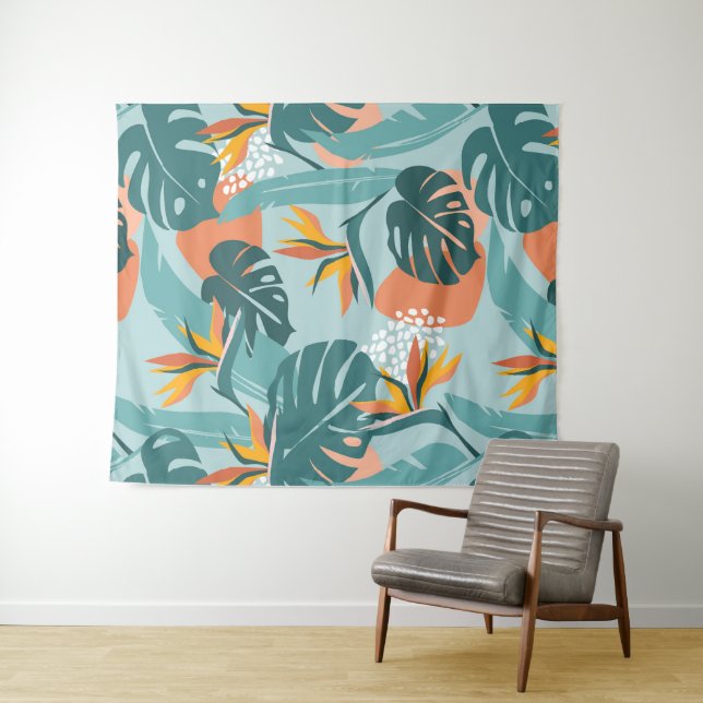 Tropical Palm leaves hibiscus and shapes pattern Tapestry (In Situ (Horizontal))