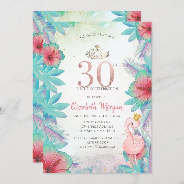 Tropical Palm Leaves Hibiscus Pink Flamingo 30th Invitation (Front/Back)