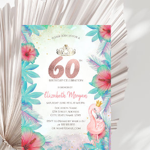 Tropical Palm Leaves Hibiscus Pink Flamingo 60th Invitation