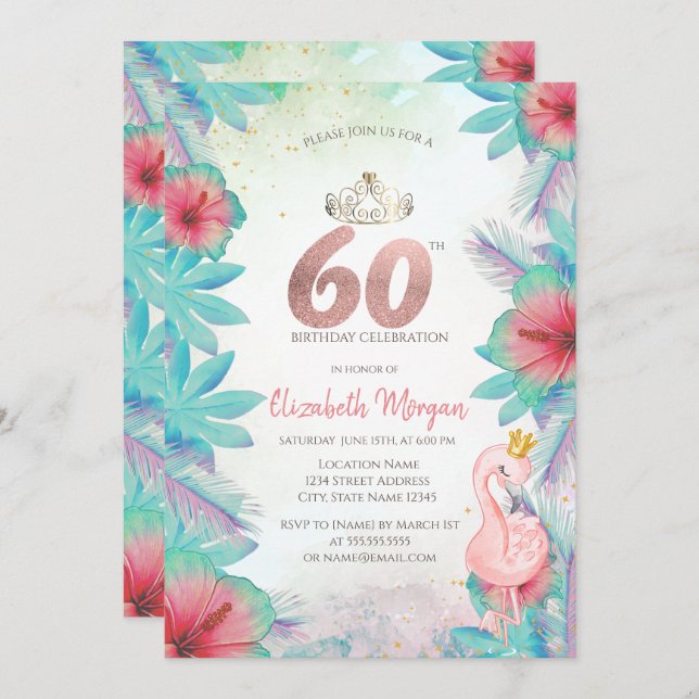 Tropical Palm Leaves Hibiscus Pink Flamingo 60th Invitation (Front/Back)