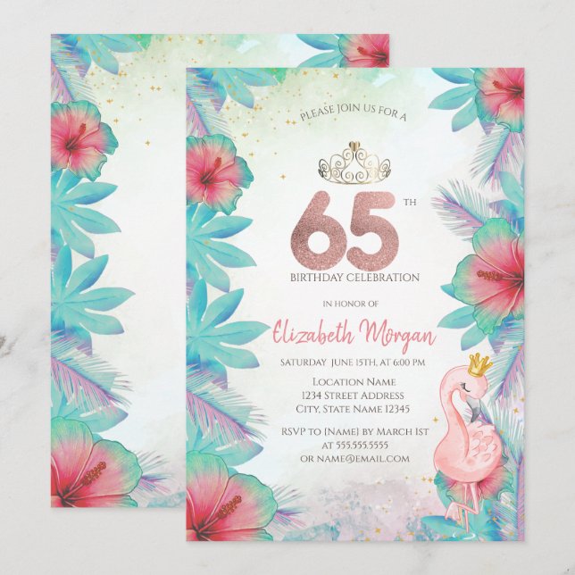 Tropical Palm Leaves Hibiscus Pink Flamingo 65th Invitation (Front/Back)