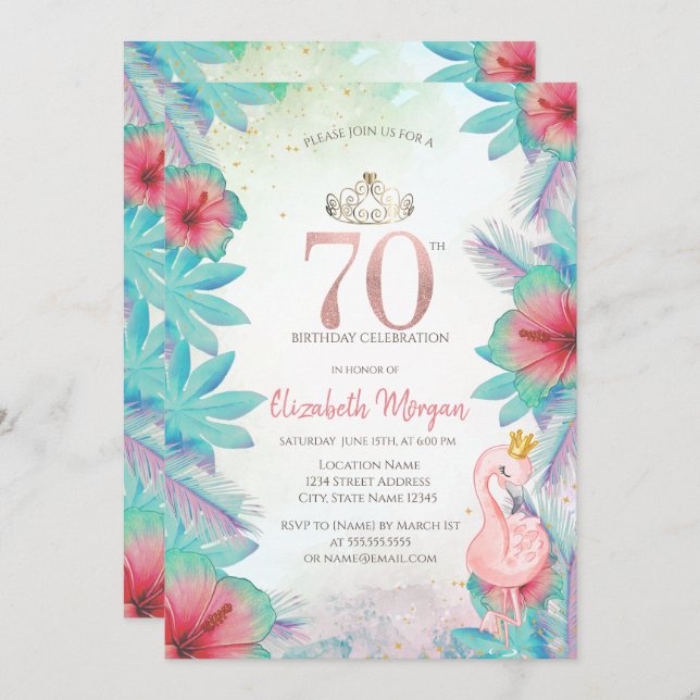 Tropical Palm Leaves Hibiscus Pink Flamingo 70th Invitation (Front/Back)