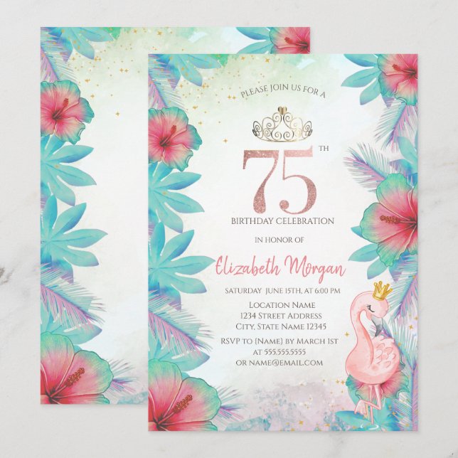 Tropical Palm Leaves Hibiscus Pink Flamingo 75th  Invitation (Front/Back)