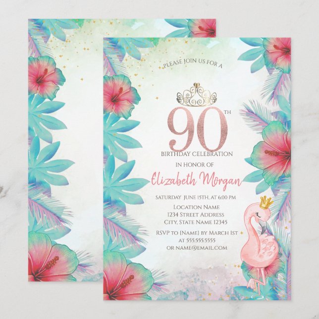 Tropical Palm Leaves Hibiscus Pink Flamingo 90th Invitation (Front/Back)