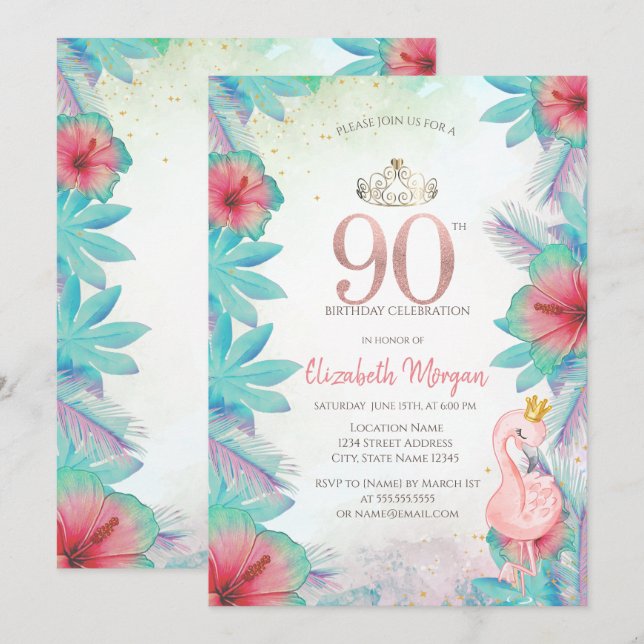 Tropical Palm Leaves Hibiscus Pink Flamingo 90th Invitation (Front/Back)